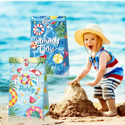 12 Pack Summer Time Pool Party Paper Lolly Gift Bags with Mini Stickers