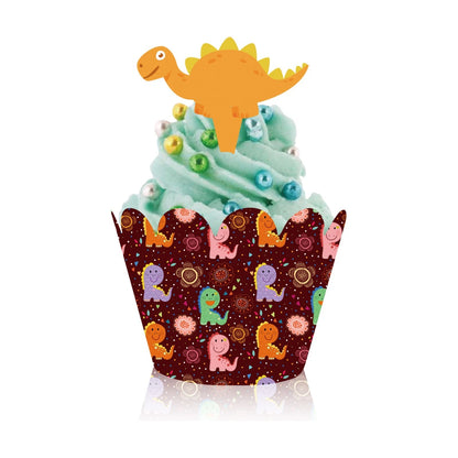 Pack of 12 Cartoon Cute Dinosaur Cupcake Toppers with Wrappers