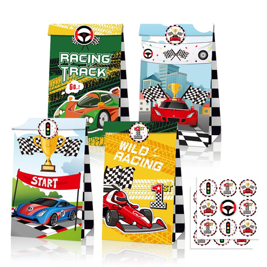 Racing Car Theme Paper Gift Bags with Mini Stickers (Pack of 12)