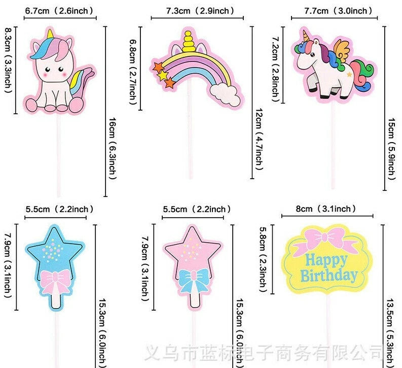 Unicorn Rainbow Theme Birthday Cake Decorating Toppers 6 pack