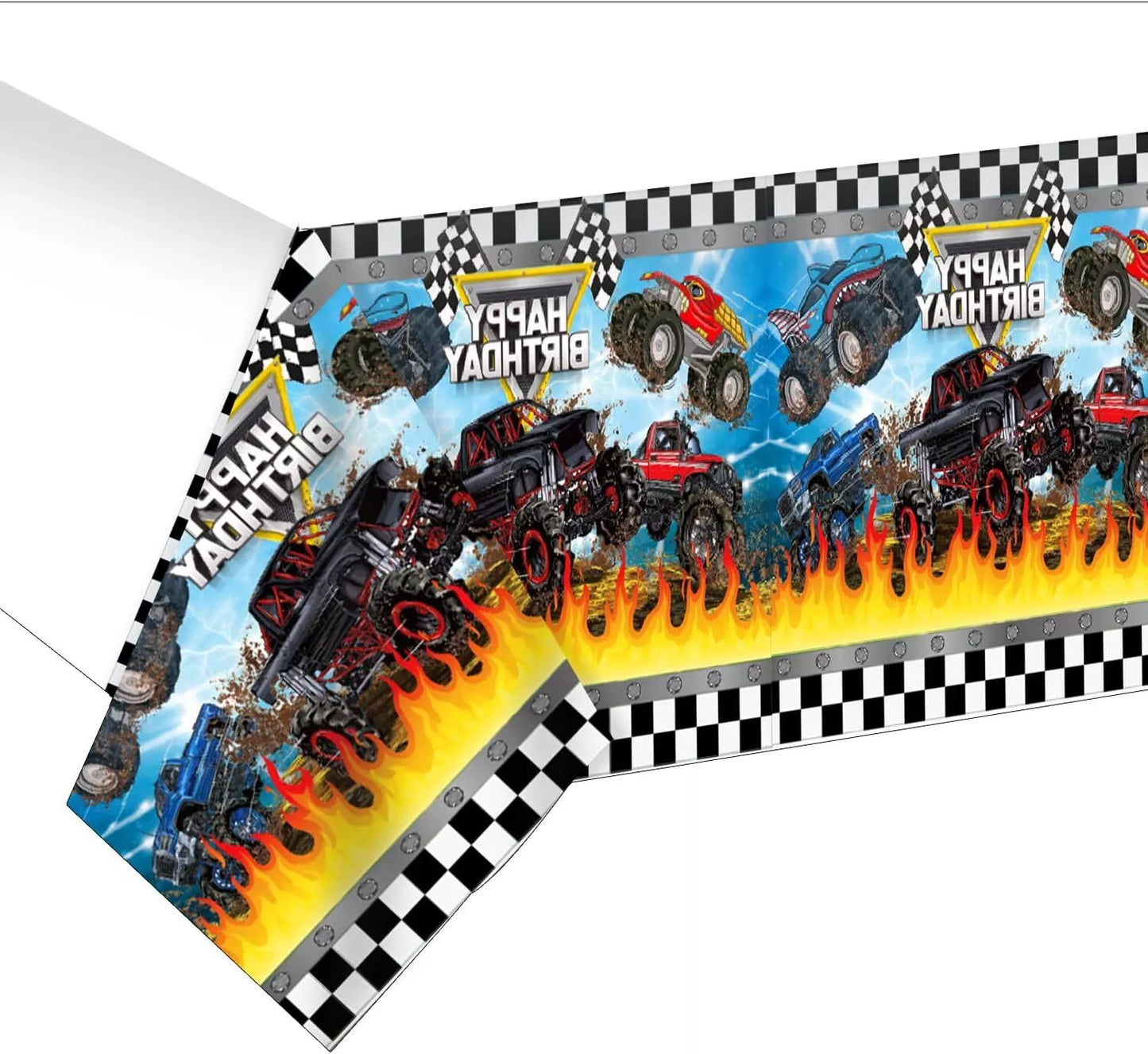 Monster Truck Birthday Party Decoration Set | Backdrop Balloons Cake Toppers Table Cover