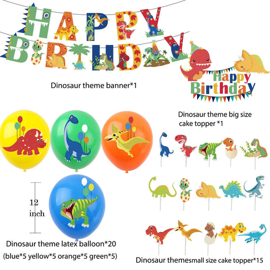 49pcs Cartoon Dinosaur Theme Party Decorating Set | Birthday Banner Balloons Cake Cupcake Toppers