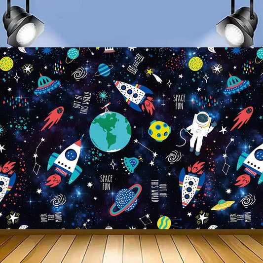 Outer Space Astronaut Rocket Birthday Party Backdrop Banner 150cm x 100cm