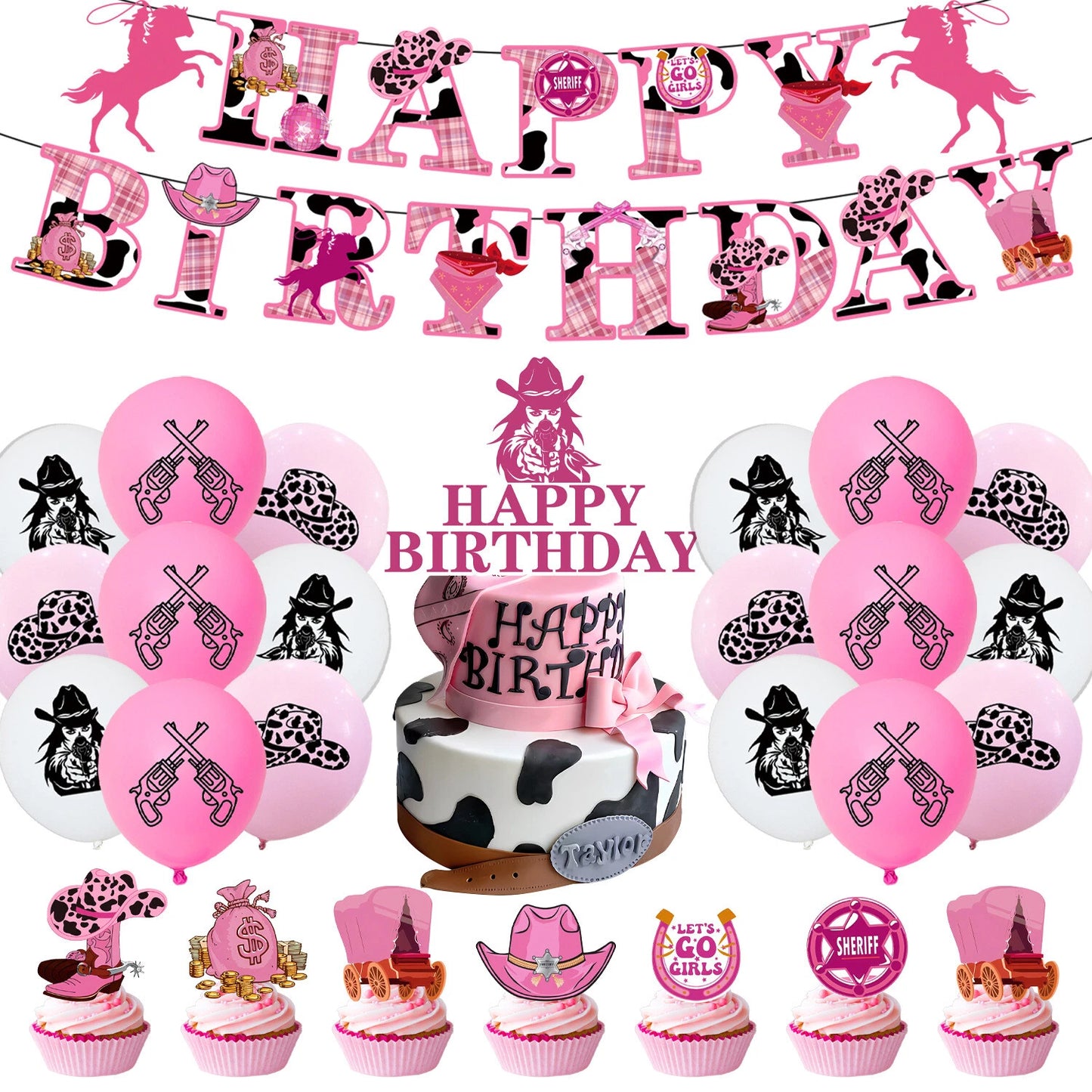 58pcs Wild West Cowgirl Theme Party Decorating Set | Birthday Banner Balloons Cake Cupcake Toppers