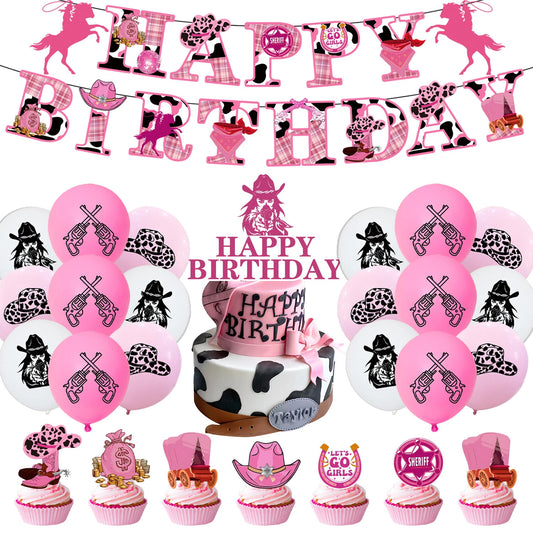 58pcs Wild West Cowgirl Theme Party Decorating Set | Birthday Banner Balloons Cake Cupcake Toppers