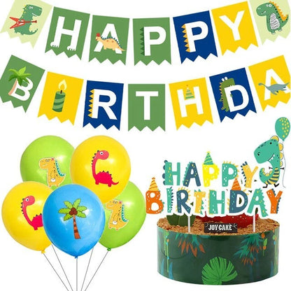 Cute Dinosaur Theme Party Decorating Set | Birthday Banner Swirls Balloons Cake Cupcake Toppers