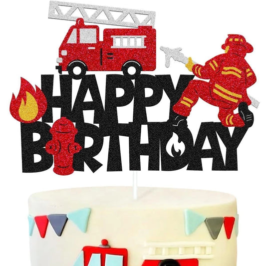 Fireman Theme Glitter Birthday Cake Topper