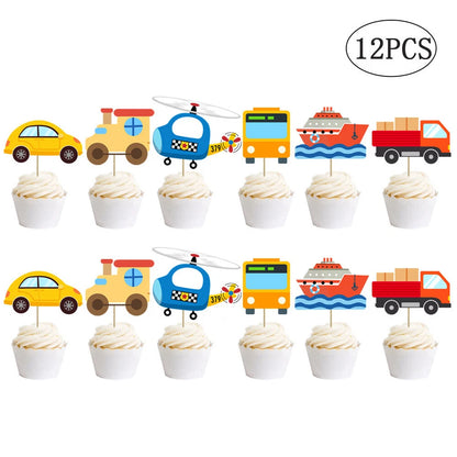Transportation Vehicles Birthday Party Decoration Set – Banner Hanging Swirls Cupcake Toppers