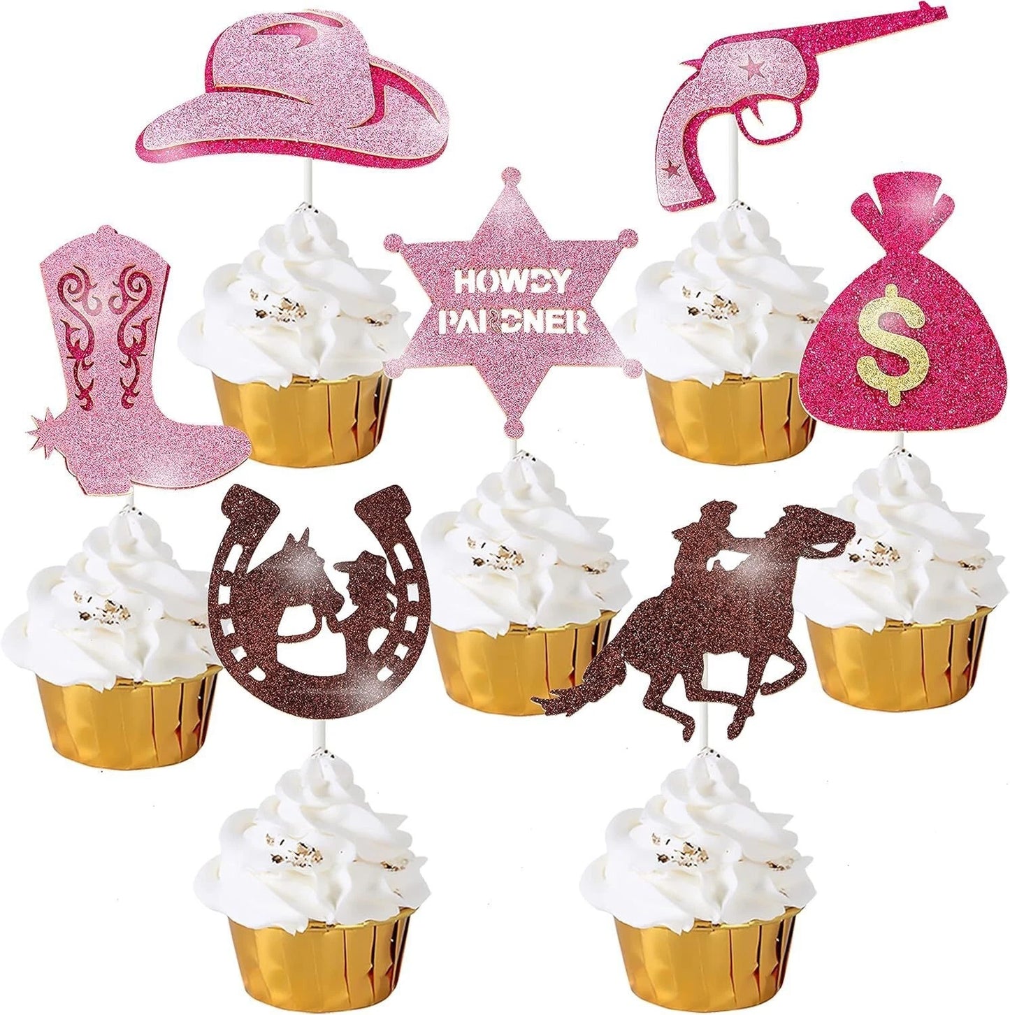 Western CowGirl Theme Glitter Birthday Cupcake Toppers (Pack of 21)