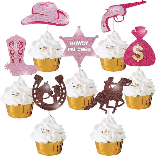 Western CowGirl Theme Glitter Birthday Cupcake Toppers (Pack of 21)