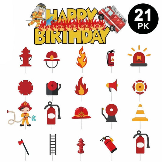 21pcs Fireman Fire Truck Cake Cupcake Toppers