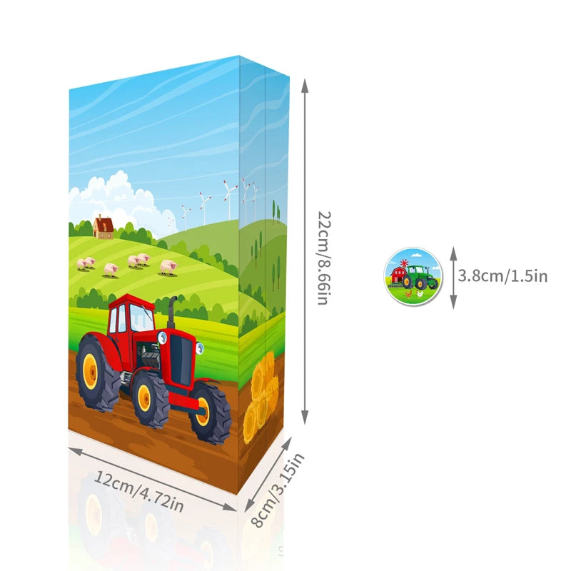 Tractor Theme Paper Gift Bags with Mini Stickers 12 Pack
