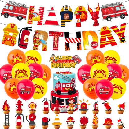 Fire Truck Fireman Party Decorating Set | Birthday Banner Balloons Cake Cupcake Toppers
