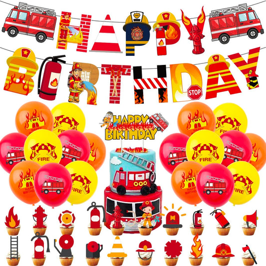 54pcs Fire Truck Fireman Party Decorating Set | Birthday Banner Balloons Cake Cupcake Toppers