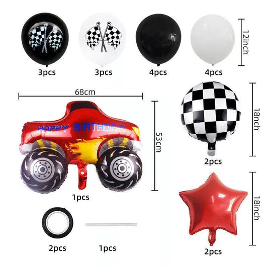 19pcs Monster Truck Shaped Foil Balloons Checkered Printed Latex Balloons