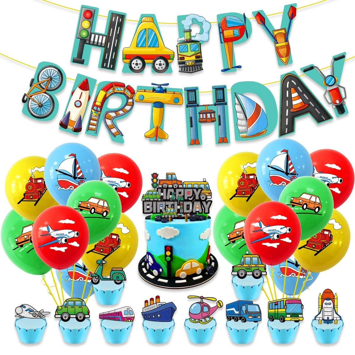 Transportation Vehicles Birthday Decoration Set | Banner Balloons Cake Toppers