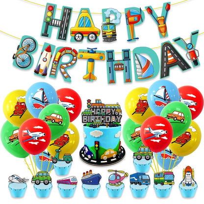 Transportation Vehicles Birthday Decoration Set | Banner Balloons Cake Toppers