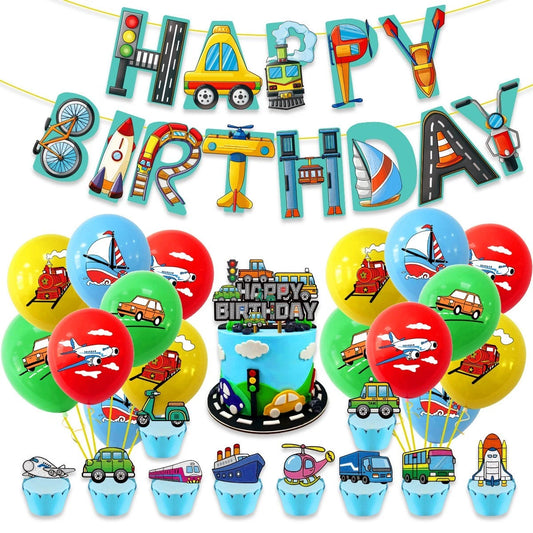 Transportation Vehicles Birthday Decoration Set | Banner Balloons Cake Toppers