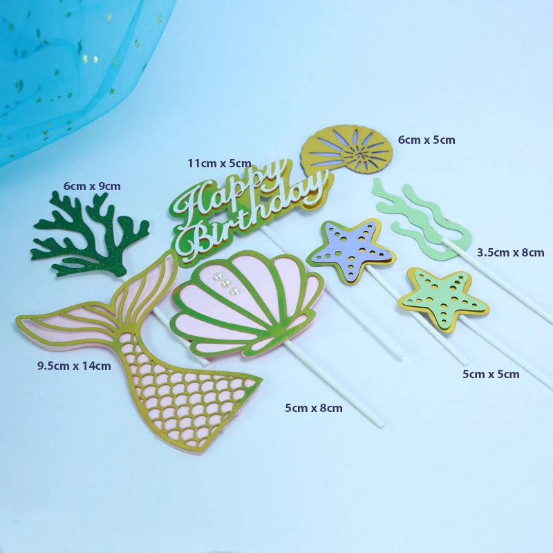 8pcs Mermaid Tail Under the Sea Birthday Cake Toppers