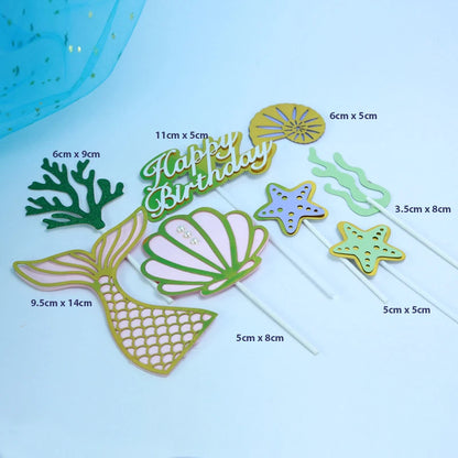8pcs Mermaid Tail Under the Sea Birthday Cake Toppers