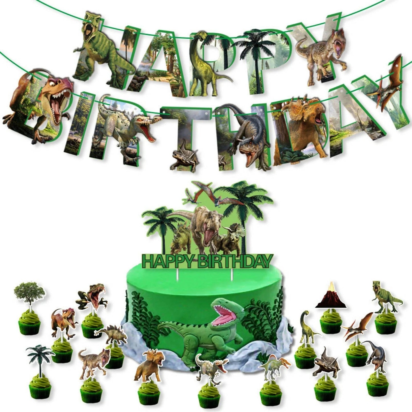 Dinosaur Theme Party Decorating Set | Balloon Garland Birthday Banner Cake Cupcake Toppers