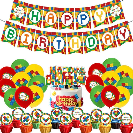 46pcs Building Blocks Theme Party Decorating Set | Birthday Banner Balloons Cake Cupcake Toppers