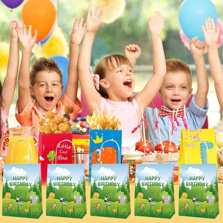 Jungle Animals Theme Birthday Paper Gift Bags with Handles 12PK