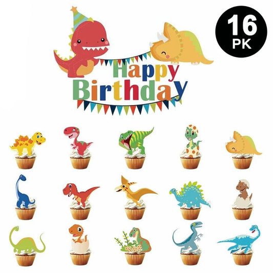 16pcs Cartoon Dinosaur Cake Cupcake Toppers