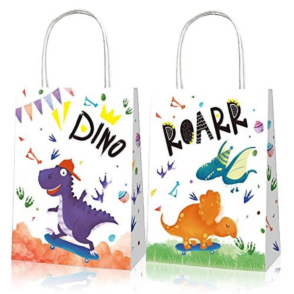 Watercolour Style Cute Dinosaur Paper Gift Bags with Handle 12PK