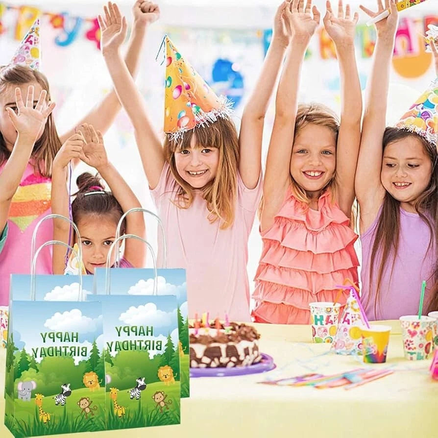Jungle Animals Theme Birthday Paper Gift Bags with Handles 12PK