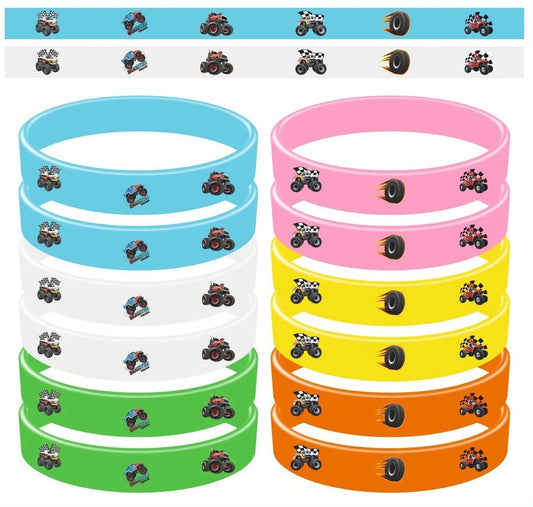 Monster Truck Theme Silicone Bracelets Rubber Wristbands (Pack of 12)