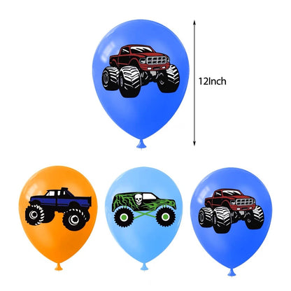 Monster Truck Birthday Party Decoration Set | Backdrop Balloons Cake Toppers Table Cover
