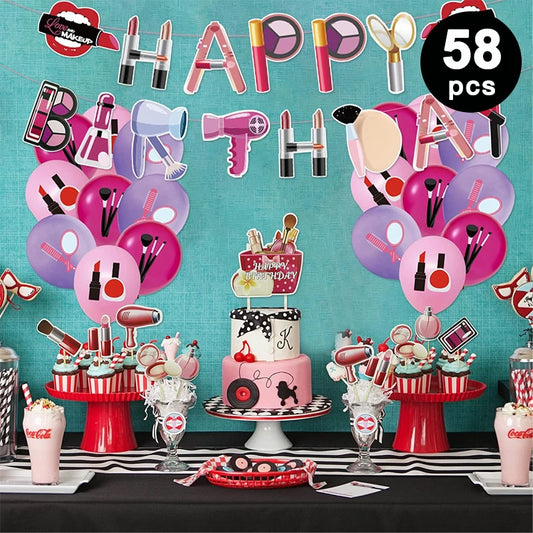 Beauty Makeup Cosmetics Theme Party Decorating Set | Birthday Banner Balloons Cake Cupcake Toppers