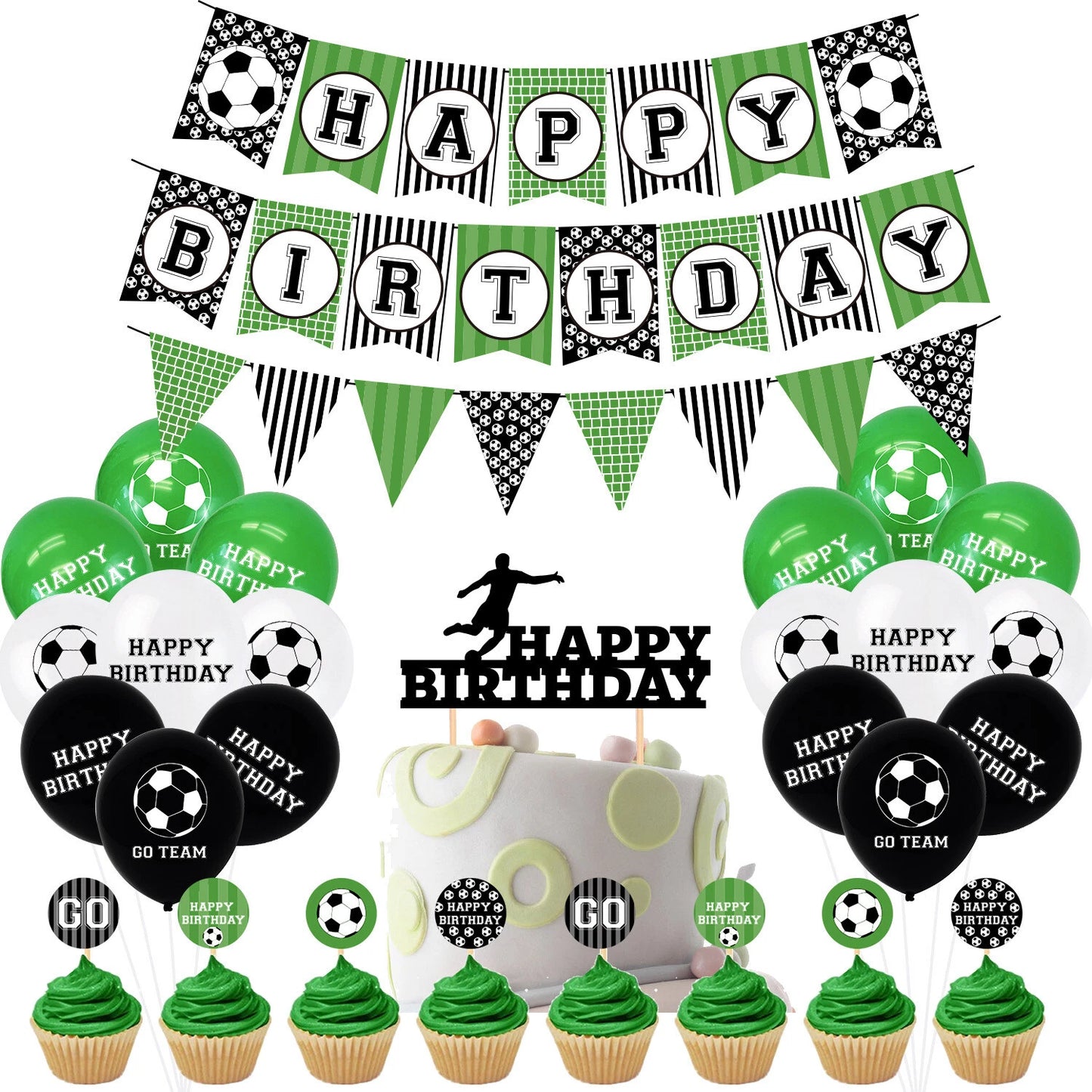 Soccer Theme Birthday Decorating Set | Banner Pennant Balloons Cake Toppers