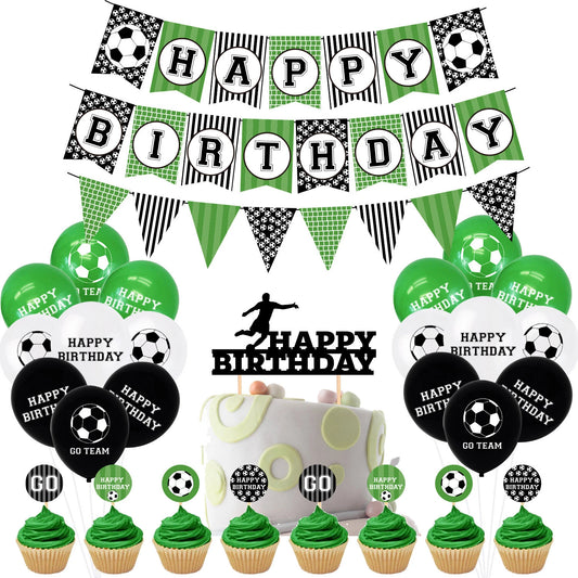 Soccer Theme Birthday Decorating Set | Banner Pennant Balloons Cake Toppers