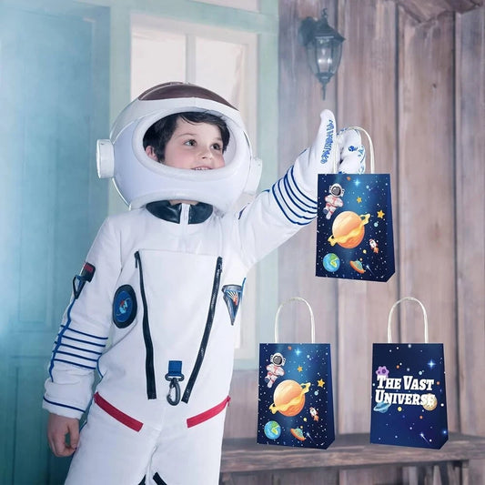 Outer Space Astronaut Rocket Paper Gift Bags with Handles (Pack of 12)