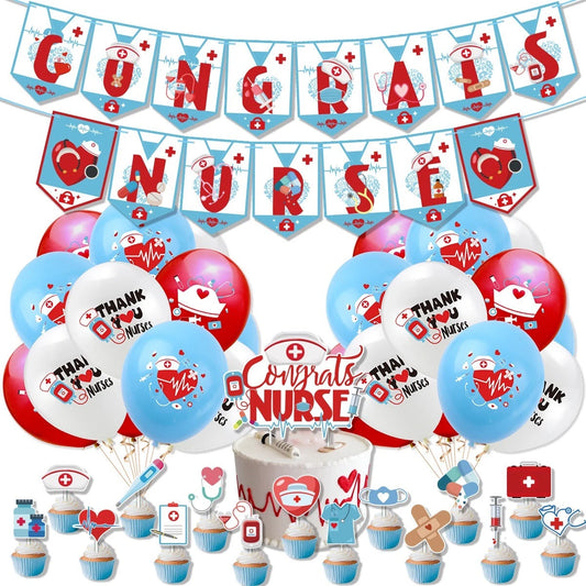 Congrats Nurse Party Decorating Set | Party Banner Balloons Cake Toppers