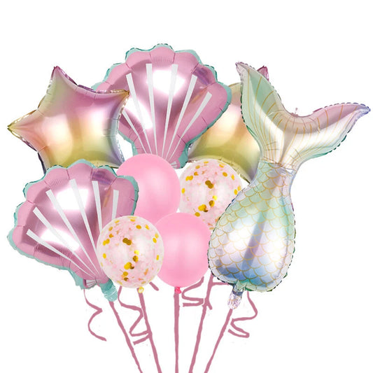 9pcs Mermaid Tail Shell Shaped Foil Latex Balloons (Pink)