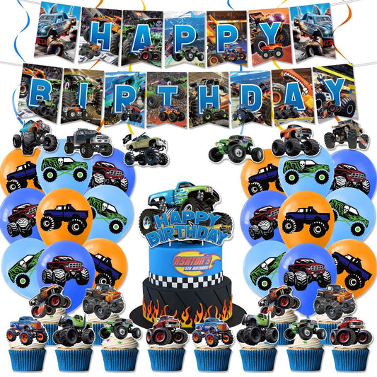 52pcs Monster Truck Theme Party Decorating Set | Birthday Banner Swirls Balloons Cake Cupcake Toppers