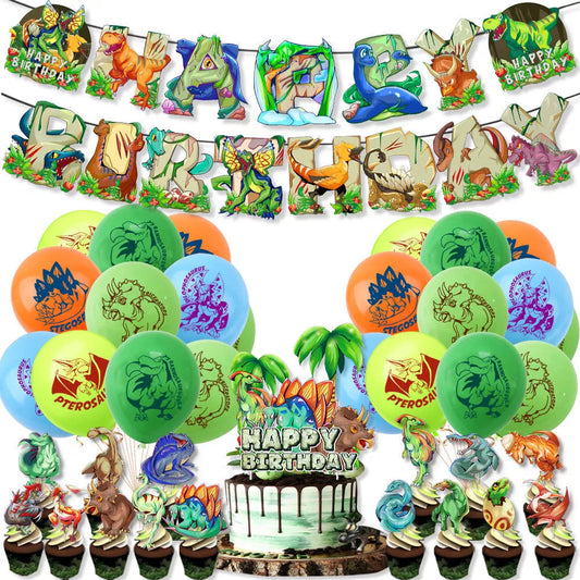 51pcs Jurassic Dinosaur Theme Party Decorating Set | Birthday Banner Balloons Cake Cupcake Toppers
