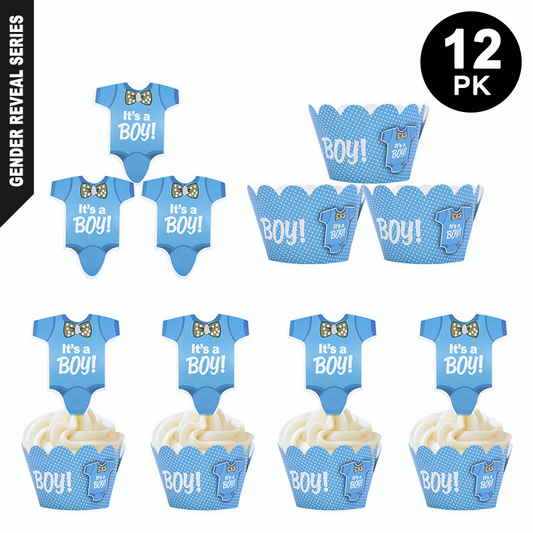 Gender Reveal Baby Shower Light Blue Boy Cupcake Toppers & Wrappers 12PK