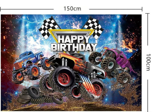 33pcs Monster Truck Theme Party Decorating Set | Birthday Backdrop Banner Balloons Cake Cupcake Toppers Tablecloth