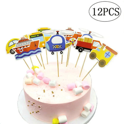 Transportation Vehicles Birthday Party Decoration Set – Banner Hanging Swirls Cupcake Toppers