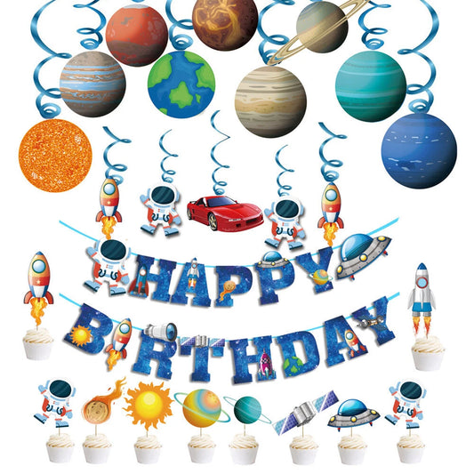 39pcs Outer Space Astronaut Rocket Party Decorating Set | Birthday Banner Swirls Cake Toppers
