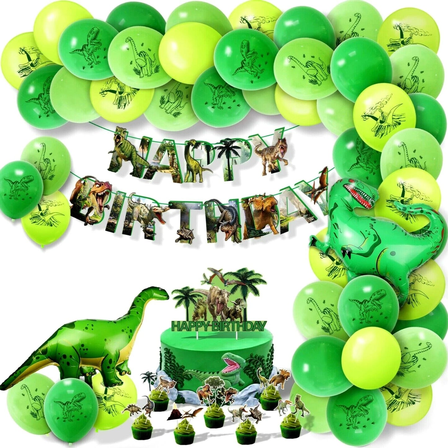 Dinosaur Theme Party Decorating Set | Balloon Garland Birthday Banner Cake Cupcake Toppers
