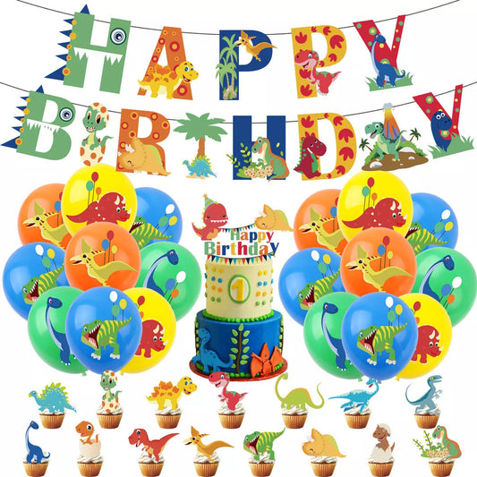 49pcs Cartoon Dinosaur Theme Party Decorating Set | Birthday Banner Balloons Cake Cupcake Toppers