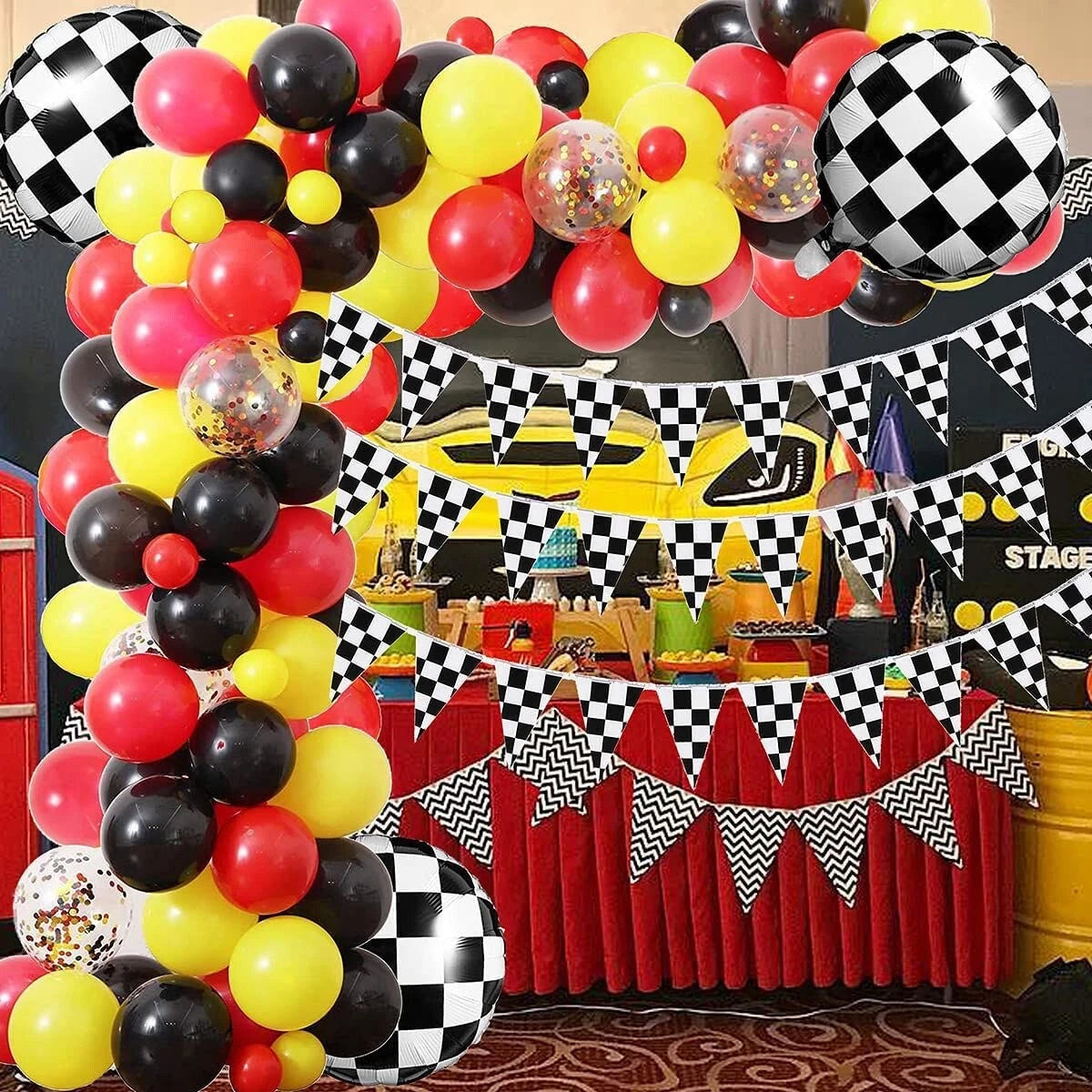 Racing Car Theme Balloon Garland Kit with Checkered Party Pennant