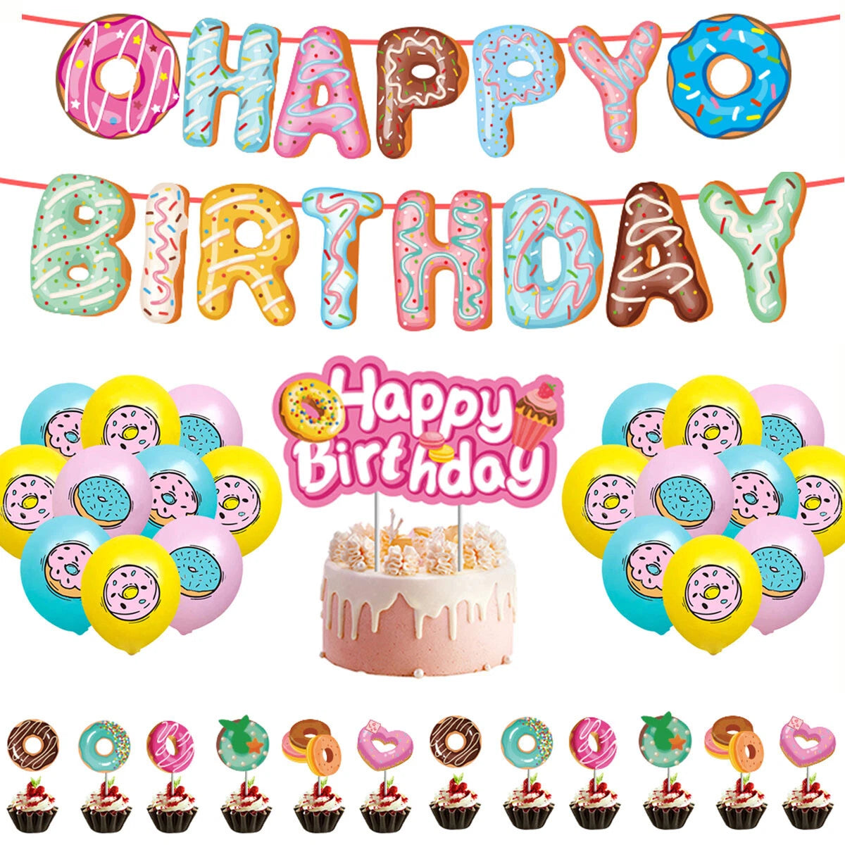 My Sweet Donuts Party Decorating Set | Birthday Banner Balloons Cake Cupcake Toppers