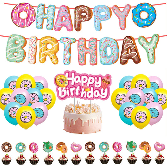 46pcs My Sweet Donuts Party Decorating Set | Birthday Banner Balloons Cake Cupcake Toppers