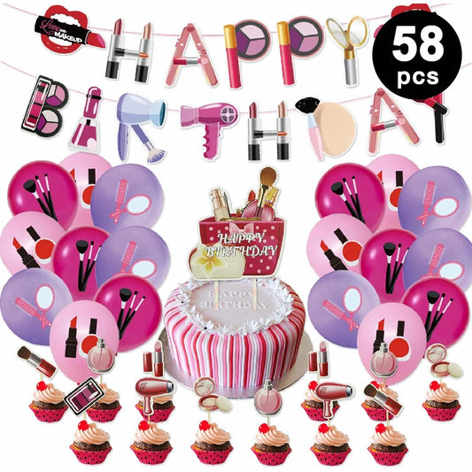 Beauty Makeup Cosmetics Theme Party Decorating Set | Birthday Banner Balloons Cake Cupcake Toppers
